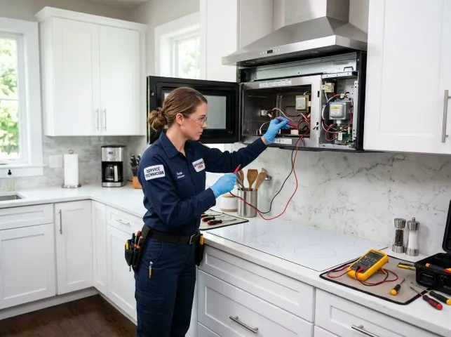 Appliance Repair Hero technician testing an over-the-range microwave in a Bellaire, TX kitchen